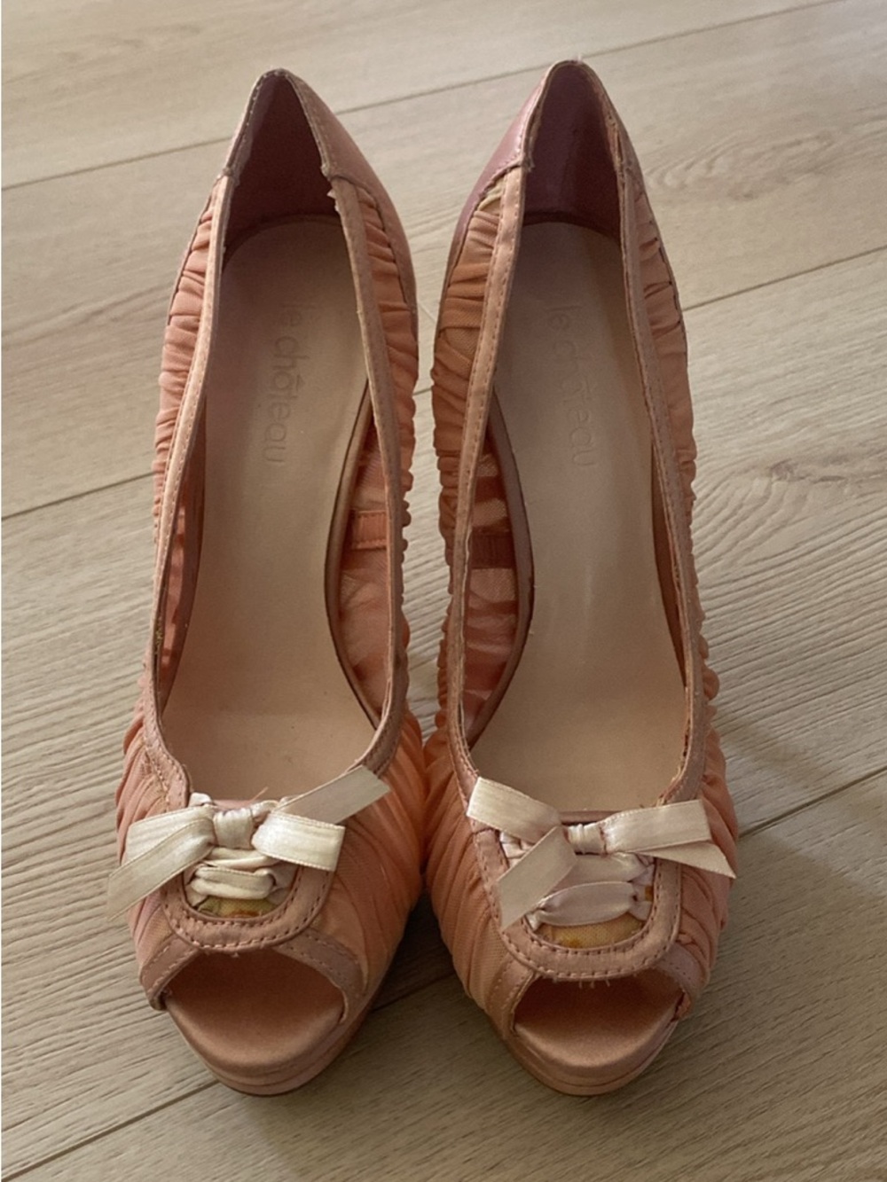 le chateau Peach-Pink Satin Peep-Toe Heels with Bow